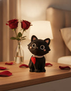 Schwarze Katze der Katzen-mit-Herz-Figur auf romantischem Nachttisch mit Rosen im Hintergrund, Ansicht schräg von vorne mit rotem Herz-Anhänger am weißen Halsband – Münch3D 3D-Druck