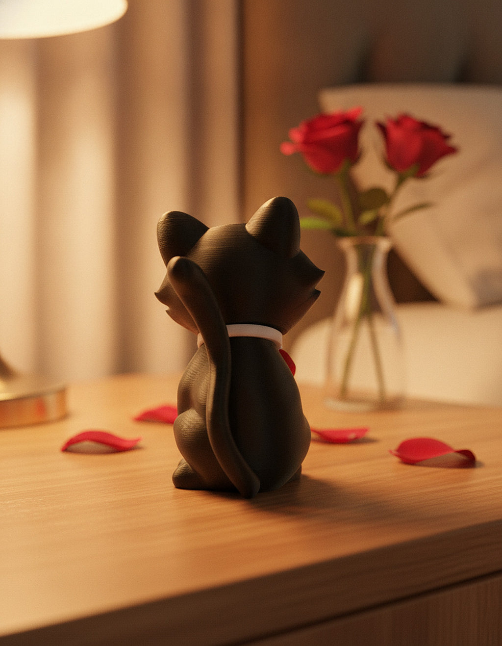 Schwarze Katze der Katzen-mit-Herz-Figur auf romantischem Nachttisch, Rückansicht mit erhobenem Schwanz und Rosen im Hintergrund – Münch3D 3D-Druck