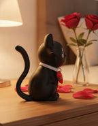 Schwarze Katze der Katzen-mit-Herz-Figur auf Nachttisch mit Rosenvase im Hintergrund, Seitenansicht mit rotem Herz-Anhänger am Halsband – Münch3D 3D-Druck