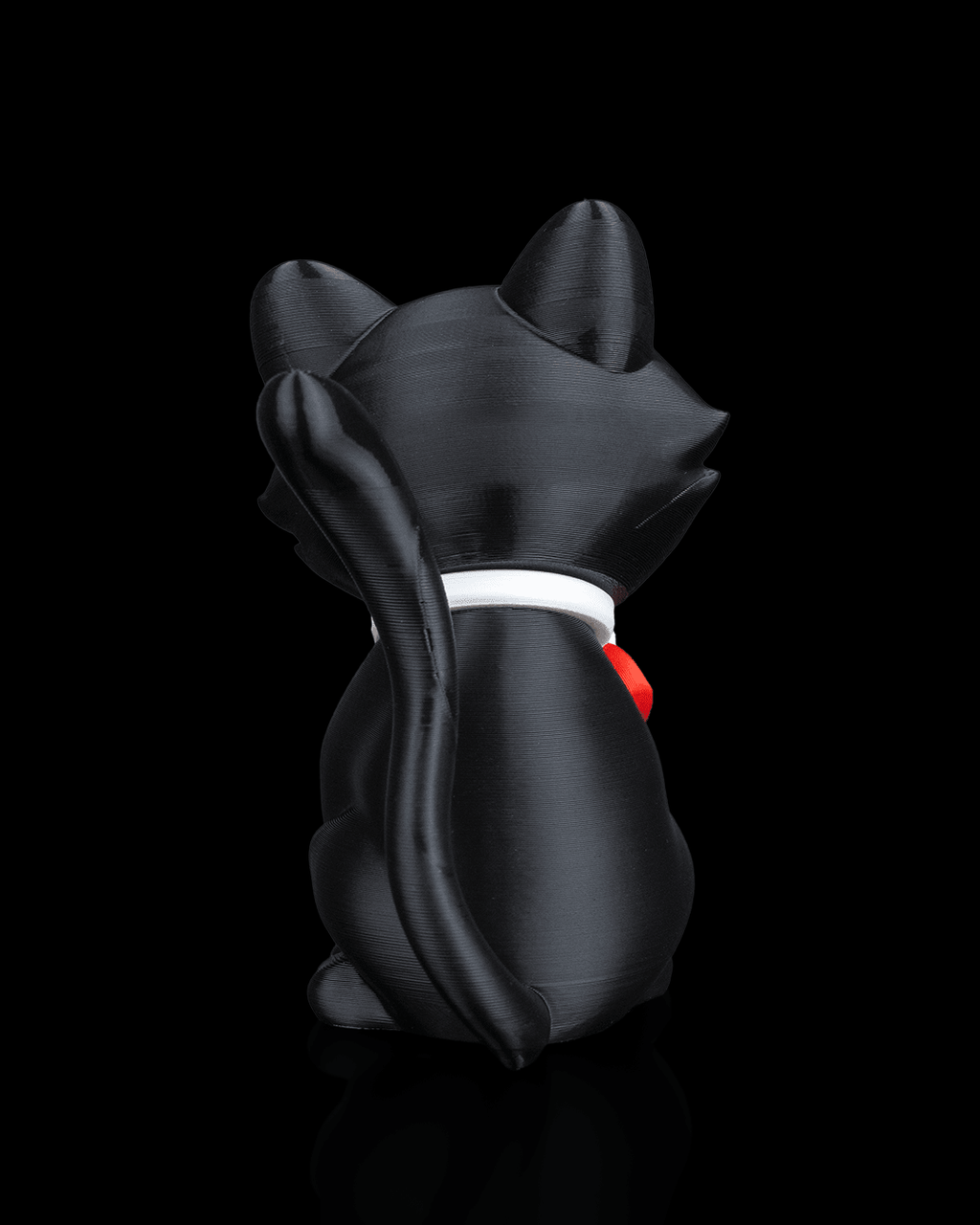 Schwarze Katze der Katzen-mit-Herz-Figur, Rückansicht mit erhobenem Schwanz – Münch3D 3D-Druck vor Schwarz