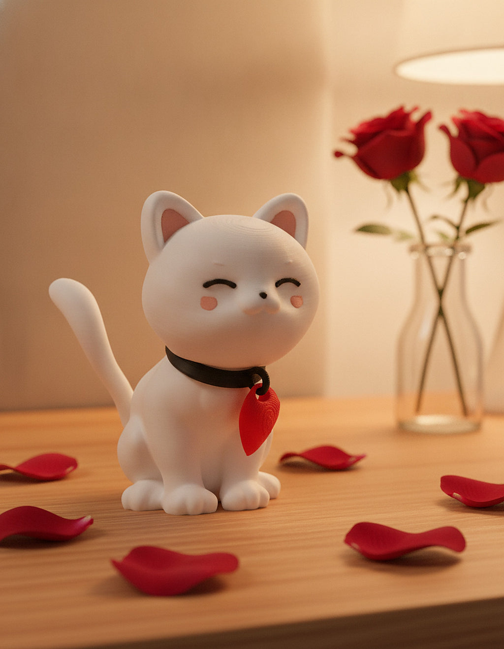 Weiße Katze der Katzen-mit-Herz-Figur auf romantischem Nachttisch mit Rosen im Hintergrund, Frontalansicht mit rotem Herz-Anhänger am schwarzen Halsband – Münch3D 3D-Druck