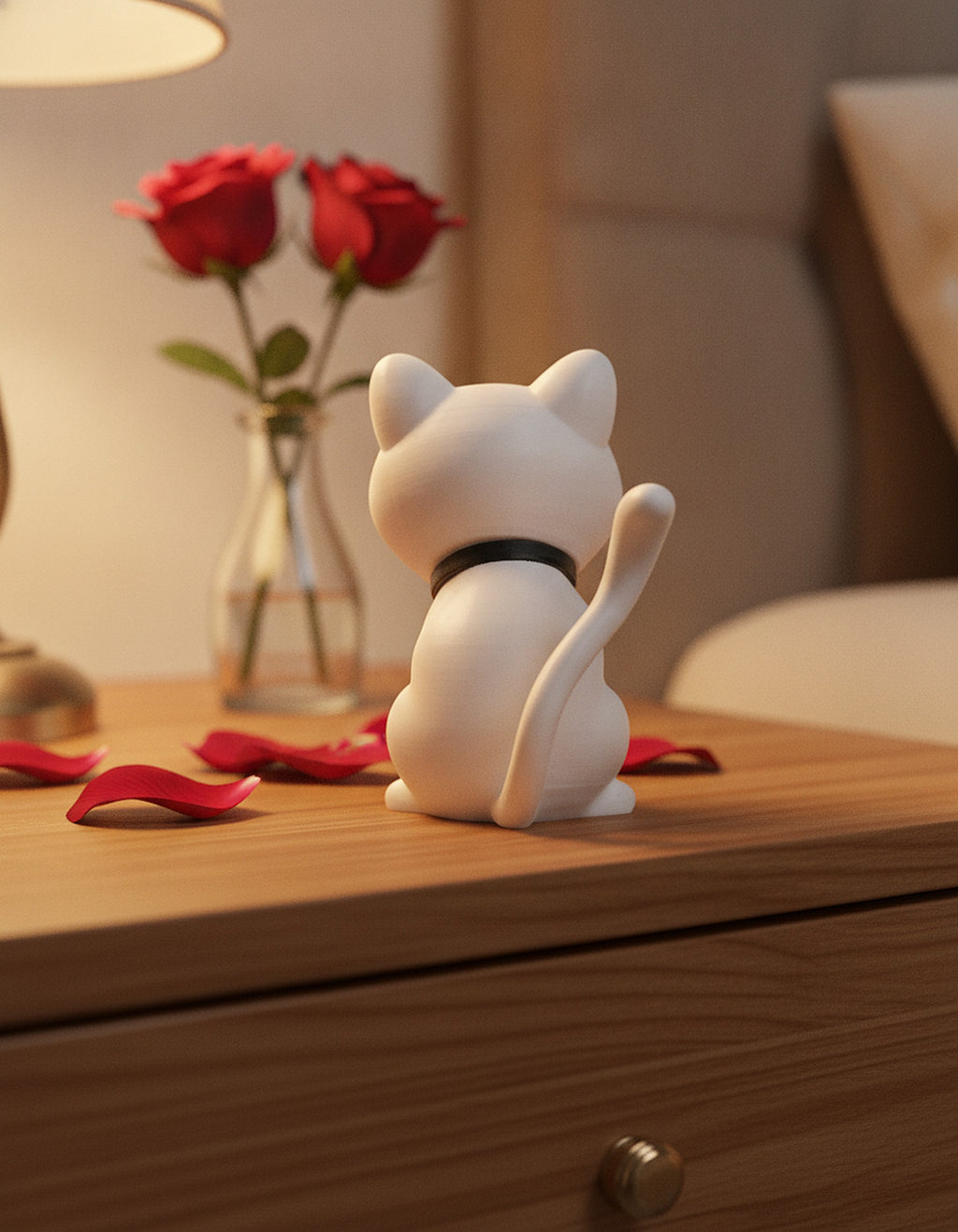 Weiße Katze der Katzen-mit-Herz-Figur auf romantischem Nachttisch, Rückansicht mit erhobenem Schwanz und Rosen im Hintergrund – Münch3D 3D-Druck