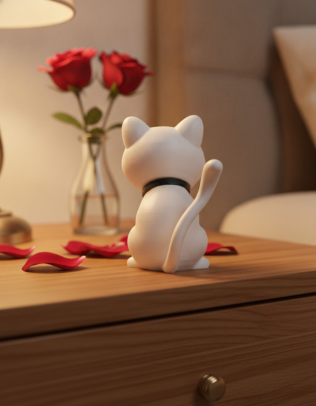 Weiße Katze der Katzen-mit-Herz-Figur auf romantischem Nachttisch, Rückansicht mit erhobenem Schwanz und Rosen im Hintergrund – Münch3D 3D-Druck