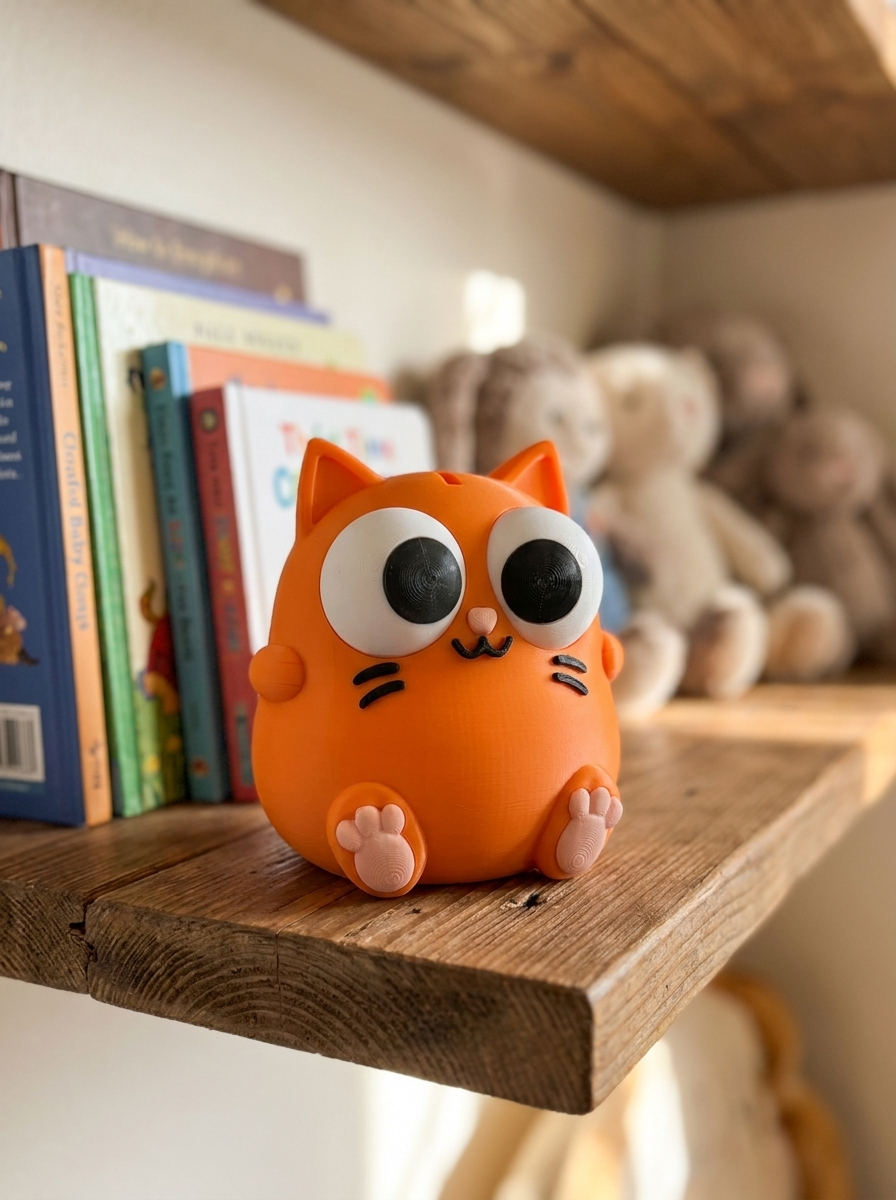 Orangefarbene Katzen-Spardose Frontalansicht mit großen Kulleraugen, rosa Nase und aufgemalten Schnurrhaaren, auf Holzregal mit Kinderbüchern