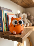 Orangefarbene Katzen-Spardose Frontalansicht mit großen Kulleraugen, rosa Nase und aufgemalten Schnurrhaaren, auf Holzregal mit Kinderbüchern