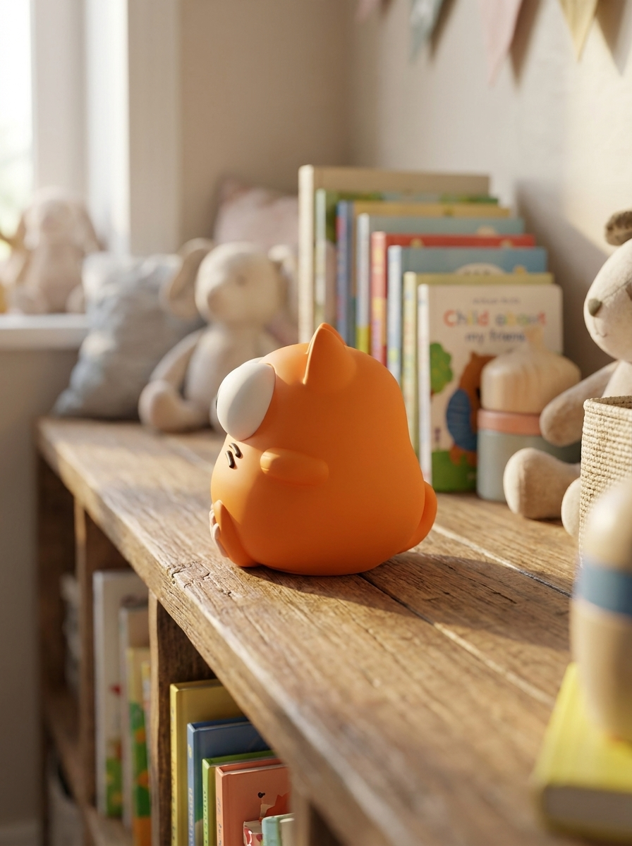 Orangefarbene Katzen-Spardose schräg von hinten mit zur Seite gedrehtem Kopf, ein Auge sichtbar, auf Holzregal mit Kuscheltieren und Büchern im Hintergrund