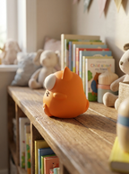 Orangefarbene Katzen-Spardose schräg von hinten mit zur Seite gedrehtem Kopf, ein Auge sichtbar, auf Holzregal mit Kuscheltieren und Büchern im Hintergrund