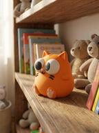 Orangefarbene Katzen-Spardose von vorne auf Holzregal, umgeben von Kuscheltieren, Hasen und Kinderbüchern