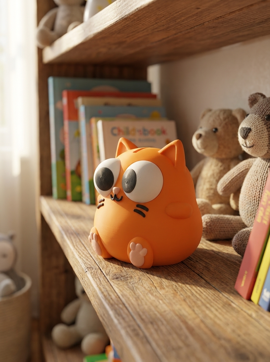 Orangefarbene Katzen-Spardose von vorne auf Holzregal, umgeben von Kuscheltieren, Hasen und Kinderbüchern