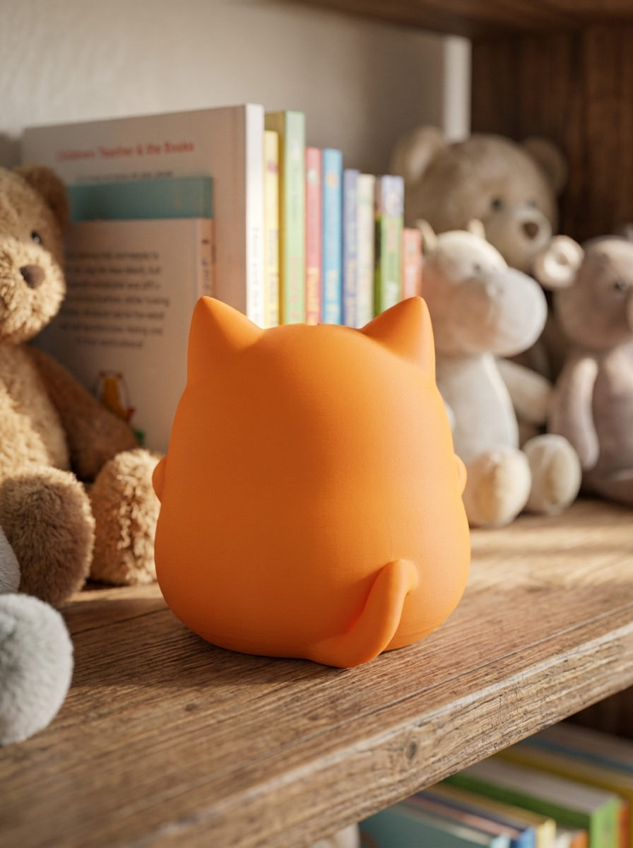 Orangefarbene Katzen-Spardose von hinten auf Holzregal, mehrere Teddybären und Bücherstapel im Hintergrund