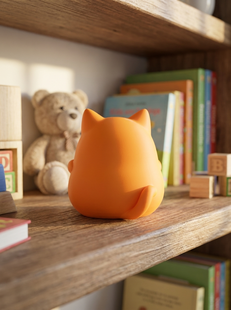 Orangefarbene Katzen-Spardose von hinten auf Holzregal mit Teddybär und Kinderbüchern im Hintergrund