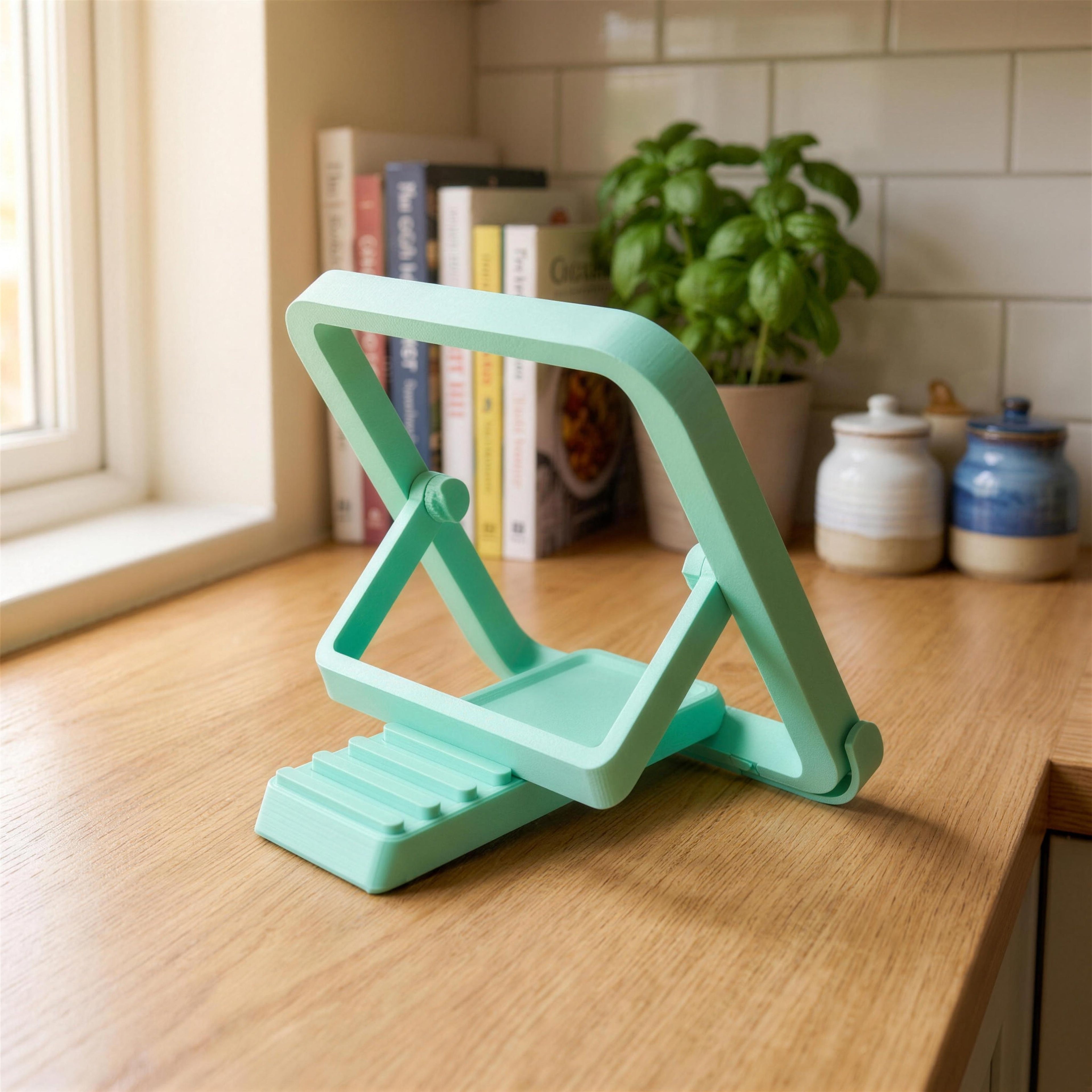 Leerer Buchständer diagonal von der Seite, Klappmechanismus mit Scharnier sichtbar. Im unscharfen Hintergrund Fensterlicht, Kochbücher und eine Topfpflanze auf der Arbeitsplatte.