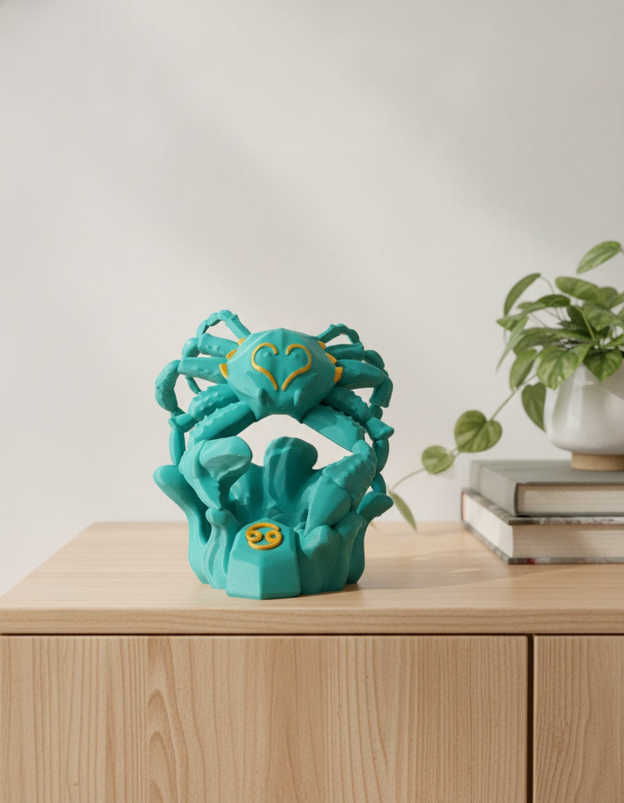 Türkise Krebs-Sternzeichen-Skulptur mit ausgebreiteten Scheren, frontale Ansicht auf hellem Holzsideboard vor weißer Wand, mit Bücherstapel und Grünpflanze im unscharfen Hintergrund – Münch3D 3D-Druck