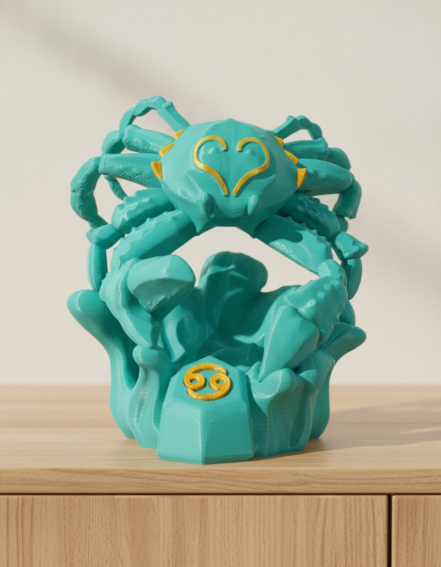 Türkise Krebs-Skulptur, Nahaufnahme frontal mit ausgebreiteten Scheren, auf hellem Holzsideboard mit unscharfem Hintergrund
