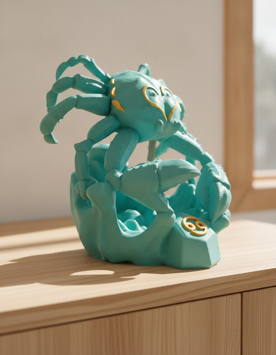 Türkise Krebs-Skulptur, seitliche Ansicht mit angehobenen Scheren, auf hellem Holzsideboard mit unscharfem Hintergrund