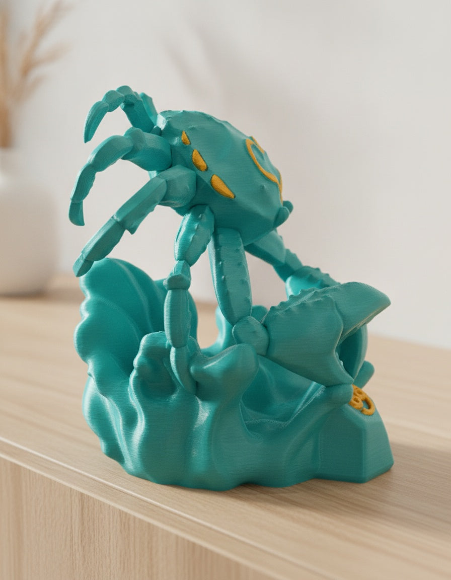Türkise Krebs-Skulptur, Dreiviertelansicht mit nach vorne gestreckten Scherenarmen, auf hellem Holzsideboard mit unscharfem Hintergrund