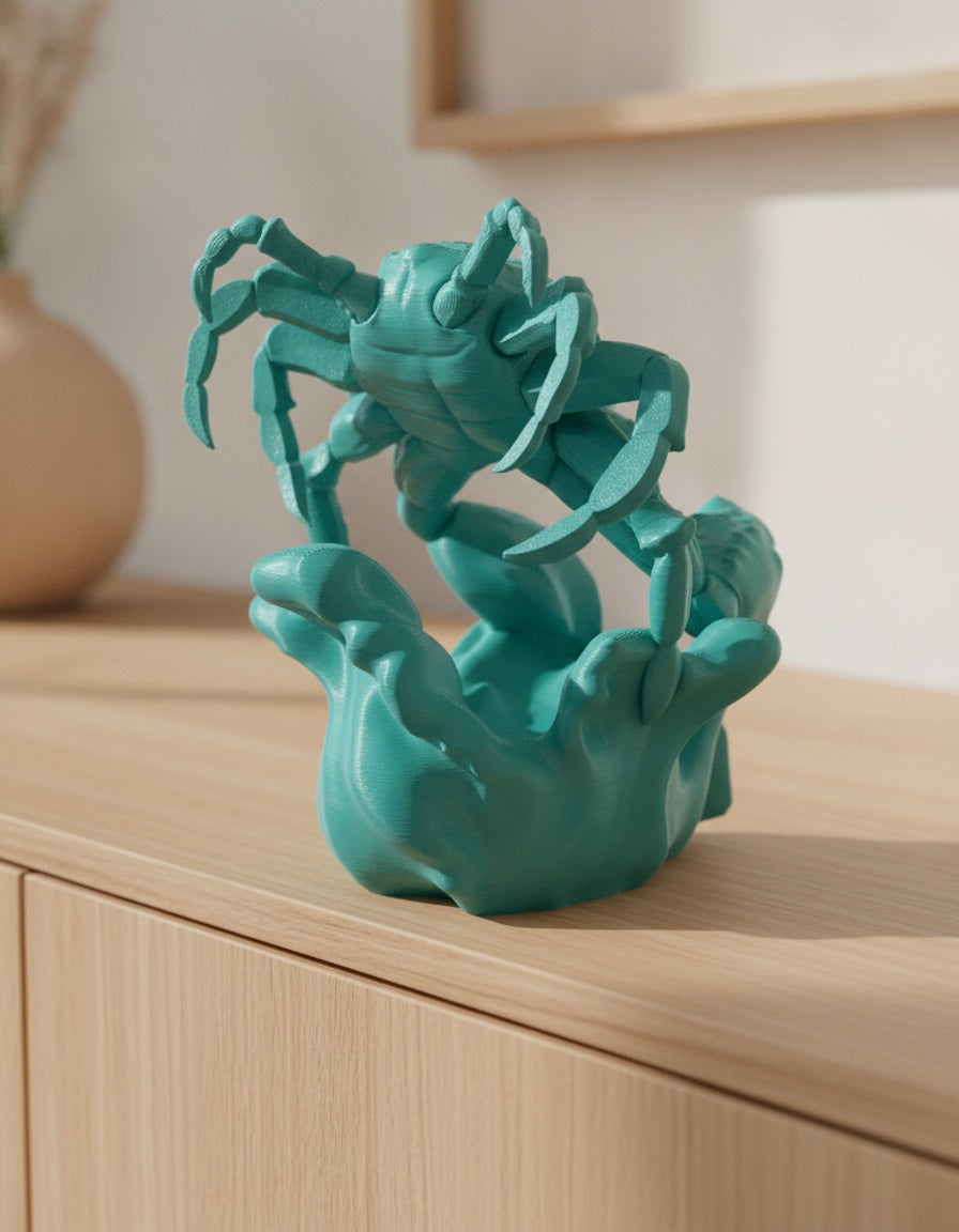 Türkise Krebs-Skulptur, schräge Ansicht mit ausgestreckten Scheren und sichtbarer Panzerstruktur, auf hellem Holzsideboard mit unscharfem Hintergrund