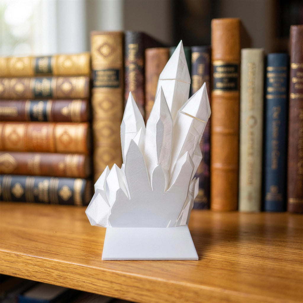 Weiße Kristall-Buchstütze freistehend auf einem flachen weißen Standfuß auf einem Holzregal, im Hintergrund unscharfe antike ledergebundene Bücher mit goldener Schrift.