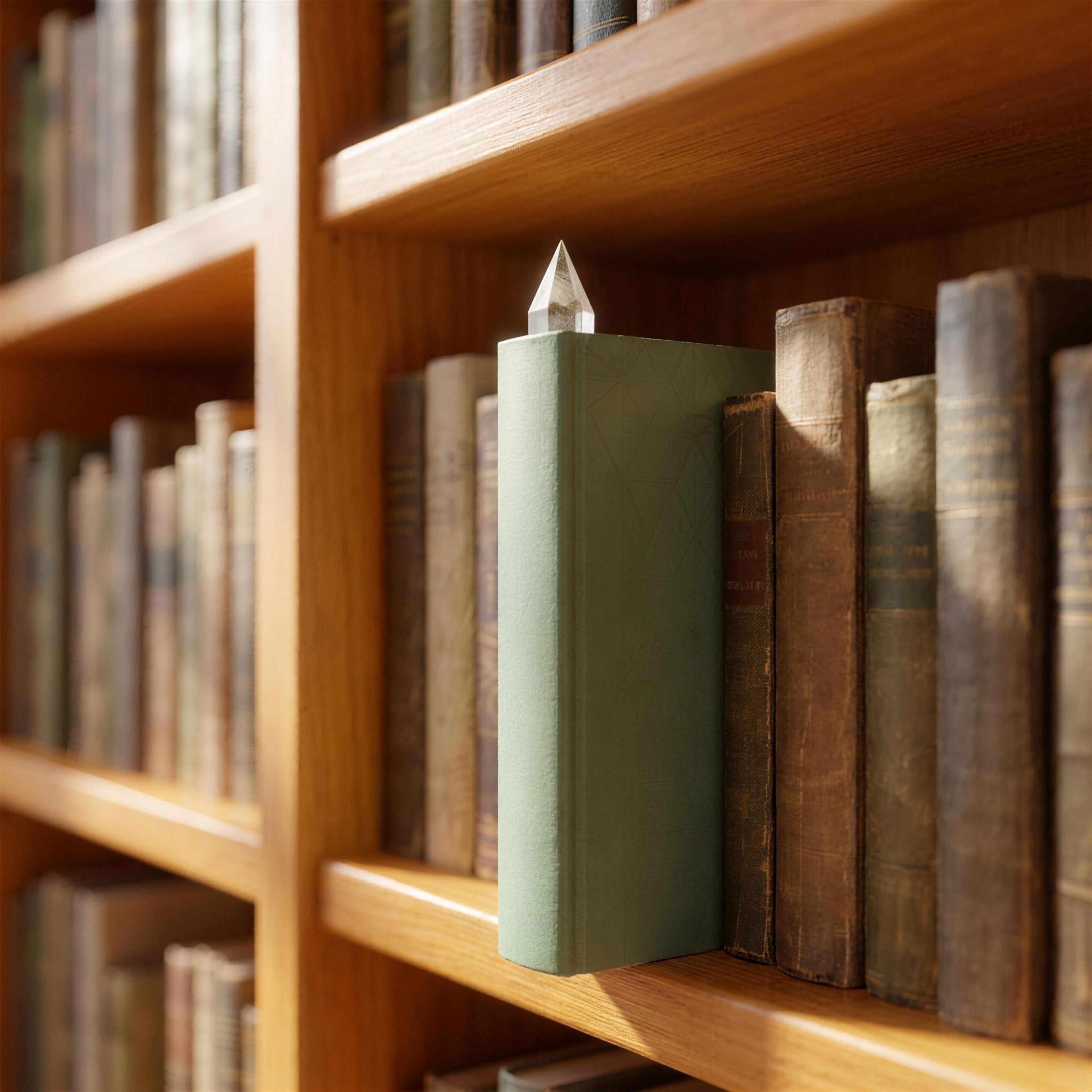 Nahaufnahme der weißen Kristall-Lesezeichenspitze, die oben aus einem geschlossenen salbeigrünen Buch herausragt, das aufrecht zwischen alten ledergebundenen Büchern im Regal steht.