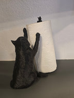 Küchenrollenhalter Katze mit Vogel in Schwarz mit grün gemustertem Küchenpapier, Rückansicht schräg – Münch3D