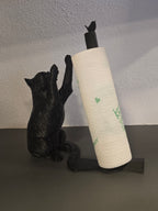 Küchenrollenhalter Katze mit Vogel in Schwarz ohne aufgesteckte Papierrolle, Seitenansicht – Münch3D 3D-Druck