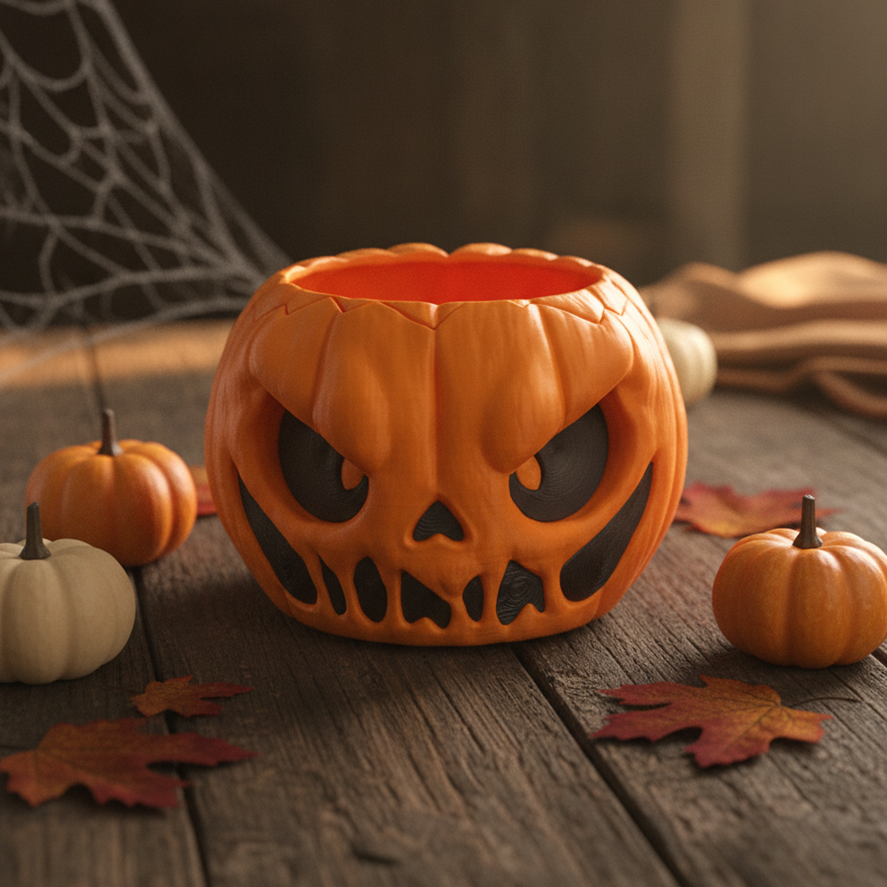 Halloween-Kürbisschale mit wütendem geschnitztem Gesicht auf dunklem Holztisch, offene Oberseite ohne aufgesetzten Klappdeckel, umgeben von kleinen Deko-Kürbissen und Herbstblättern