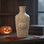 Gothic Kürbisvase in Knochen-Optik (Elfenbein) mit Kürbis-Relief und Mondsichel auf dunklem Regal