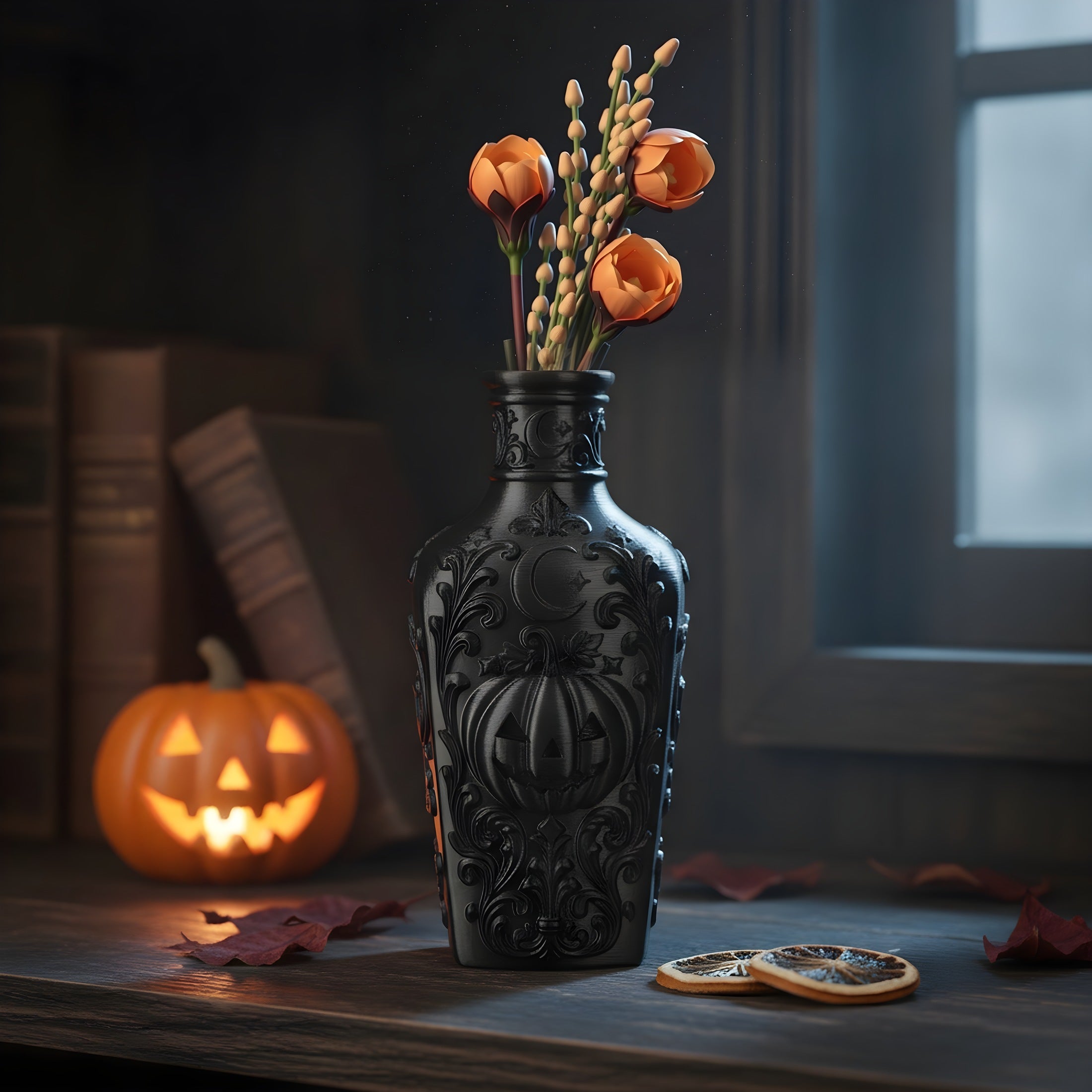 Schwarze Gothic Deko-Flasche mit Kürbis-Relief, befüllt mit frischen Schnittblumen in Wasser im Flaschenhals