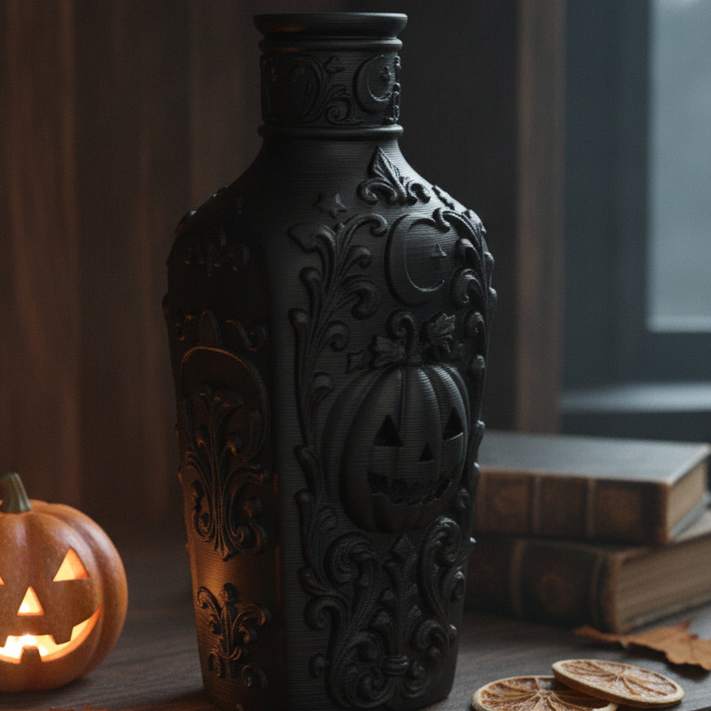Schwarze Gothic Deko-Flasche, Nahaufnahme des Flaschenhalses mit Mondsichel-Relief und Rankenwerk