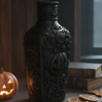 Schwarze Gothic Deko-Flasche, Nahaufnahme des Flaschenhalses mit Mondsichel-Relief und Rankenwerk