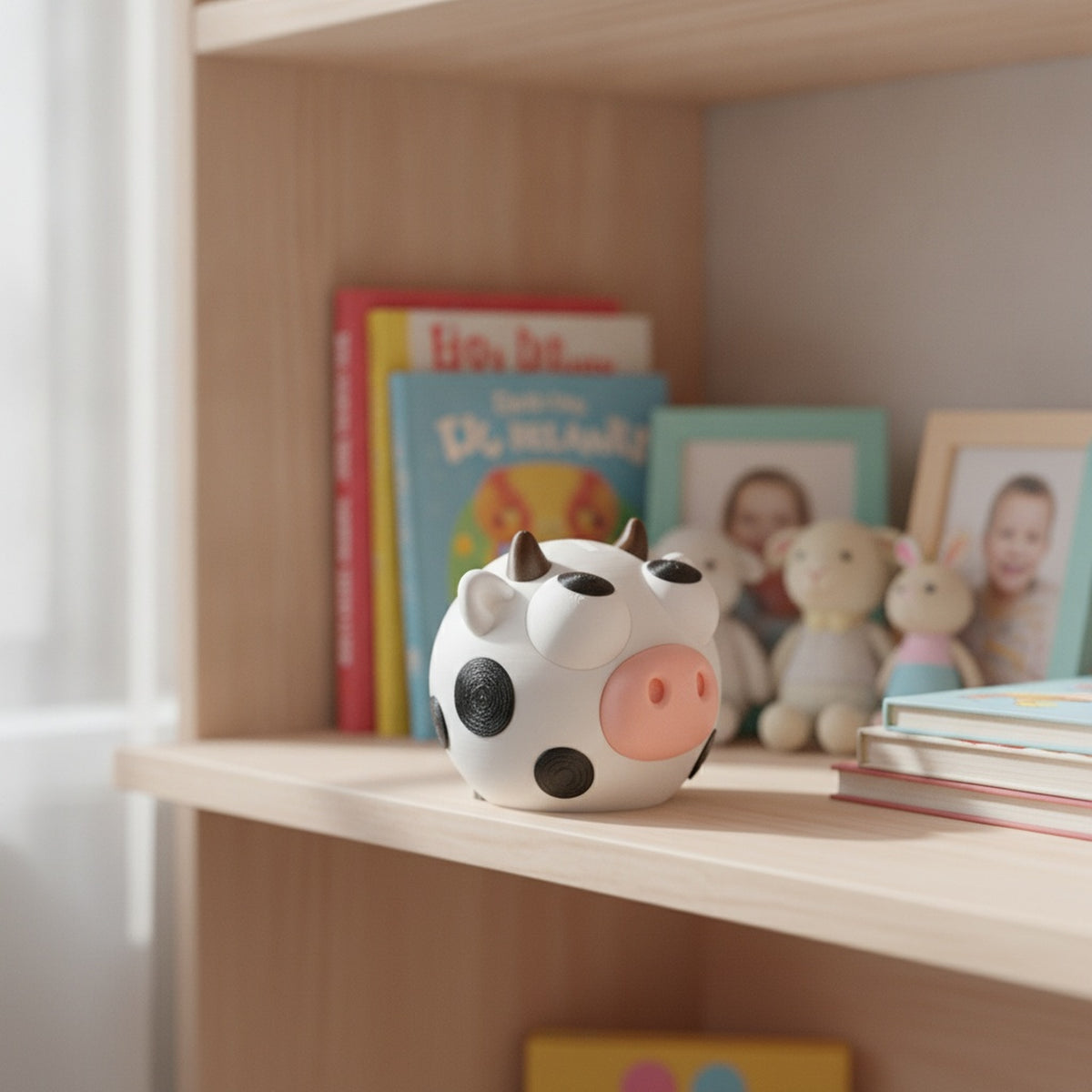 Kuh-Spardose in Schwarz-Weiß mit Hörnern und Kulleraugen, auf hellem Kinderzimmer-Regal mit Büchern und Kuscheltieren im Hintergrund