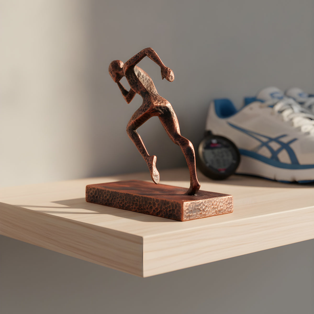 Läufer-Statue in Kupfer-Bronze-Optik auf hellem Holzregal im Home-Gym, Sprint-Pose schräg von vorne, unscharfer Hintergrund mit Laufschuh und Stoppuhr im warmen Tageslicht – Münch3D
