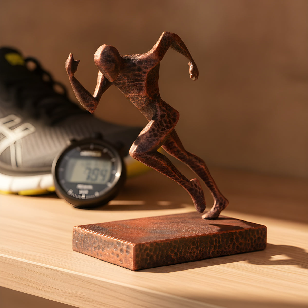 Läufer-Statue in Kupfer-Bronze-Optik auf Holzregal, Seitenansicht der Sprint-Pose, unscharfer Hintergrund mit Laufschuh und Stoppuhr – Münch3D