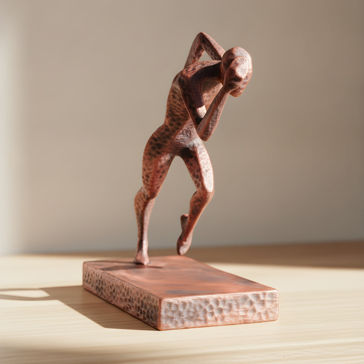 Detailansicht der nach vorne gebeugten Läufer-Statue in Kupfer-Bronze-Optik auf Holzoberfläche, weich unscharfer warmer Hintergrund – Münch3D