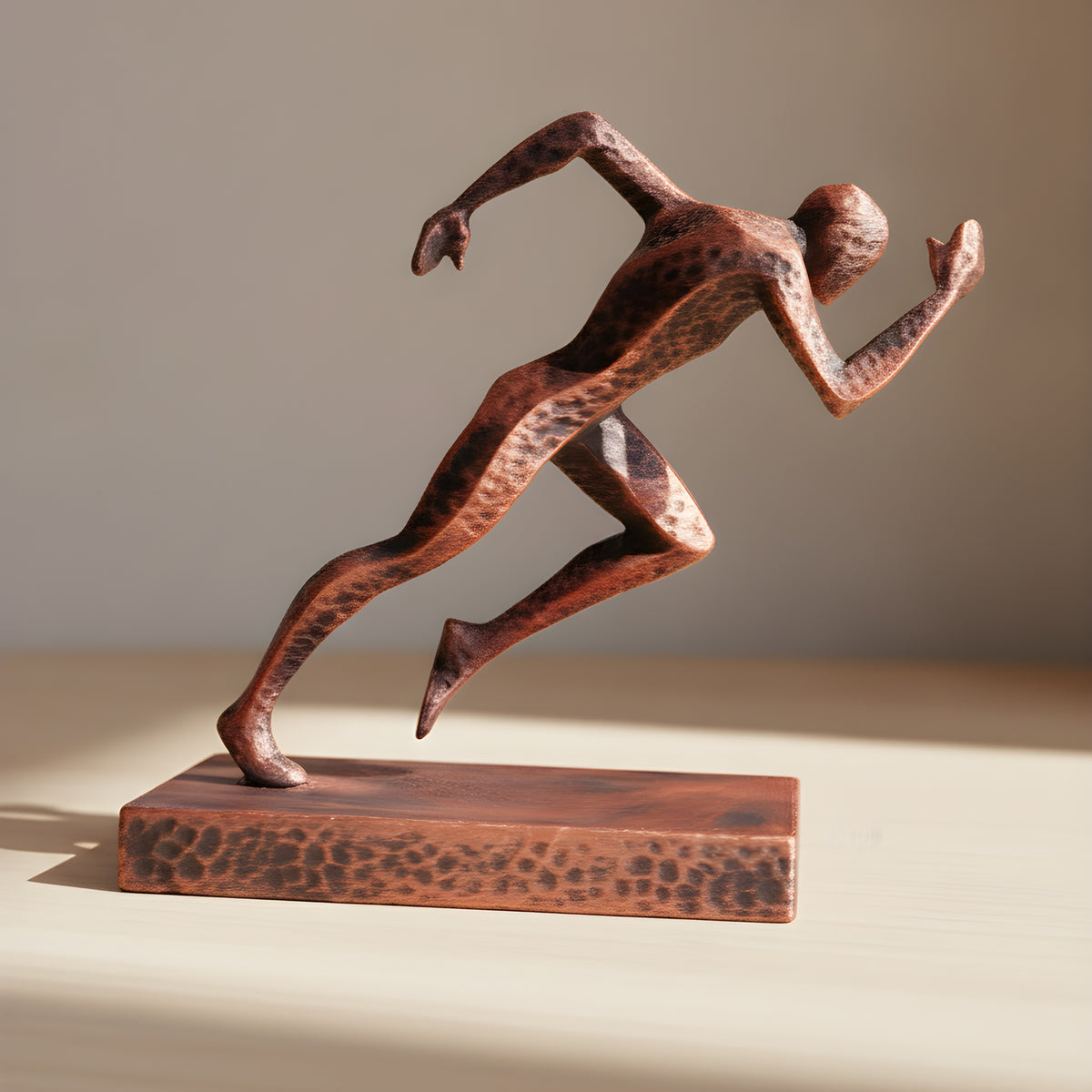 Läufer-Statue in Kupfer-Bronze-Optik in voller Sprint-Bewegung auf Holzoberfläche, weich unscharfer warmer Hintergrund – Münch3D