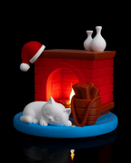 LED-Kaminofen mit schlafender weißer Katze, roter Weihnachtsmütze und zwei weißen Vasen auf dem Sims, weiter entfernte Frontalansicht mit brennendem LED-Feuer vor schwarzem Hintergrund