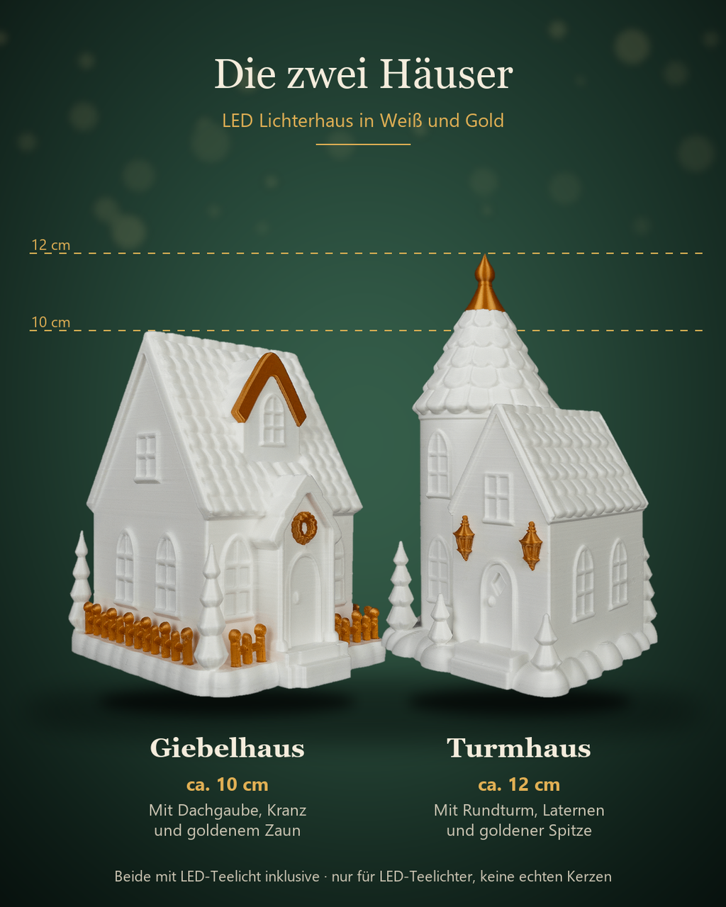 Übersicht der zwei Häuser: Giebelhaus (ca. 10 cm) mit Dachgaube, Kranz und goldenem Zaun und Turmhaus (ca. 12 cm) mit Rundturm, Laternen und goldener Spitze, in Weiß und Gold auf dunkelgrünem Hintergrund beschriftet