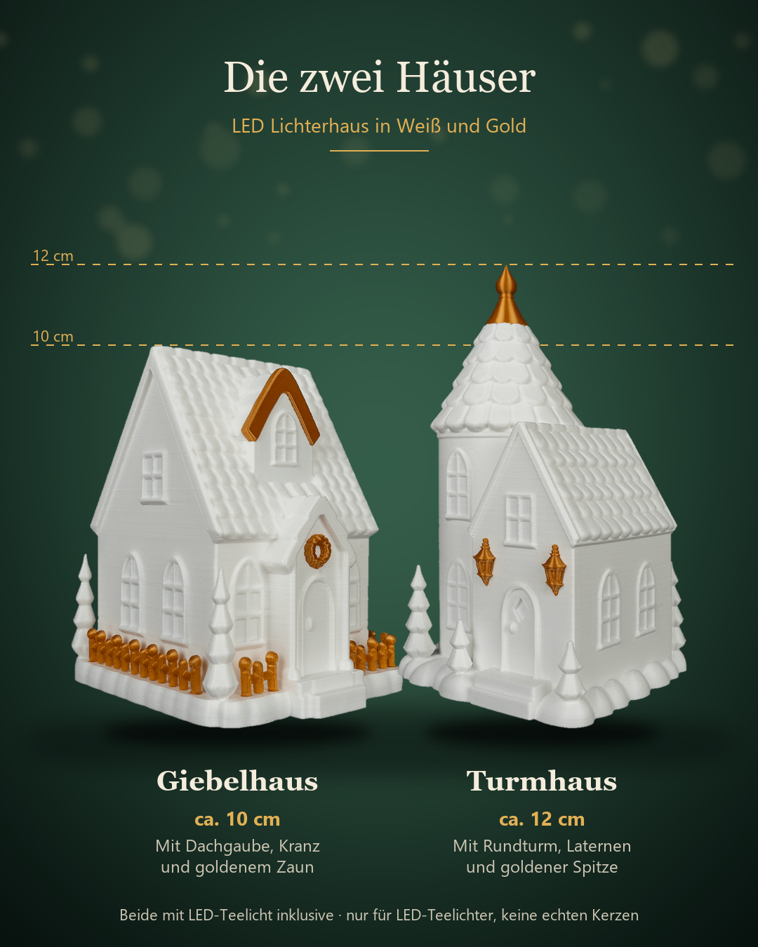 Übersicht der zwei Häuser: Giebelhaus (ca. 10 cm) mit Dachgaube, Kranz und goldenem Zaun und Turmhaus (ca. 12 cm) mit Rundturm, Laternen und goldener Spitze, in Weiß und Gold auf dunkelgrünem Hintergrund beschriftet