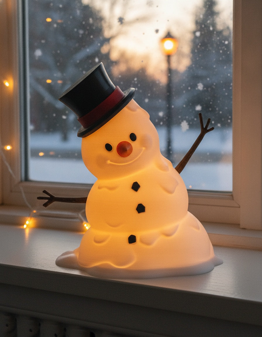 LED-Tischlampe Schneemann, zentrierte Heroansicht mit warmem Innenlicht, auf weißem Fensterbrett bei Abenddämmerung mit Laterne und Schneefall im Hintergrund