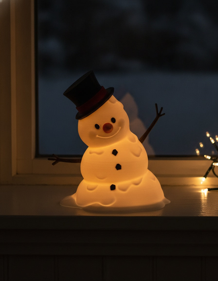 LED-Tischlampe Schneemann bei Nacht, warmes Innenlicht leuchtet durch den Körper und wirft einen sanften Lichtschein auf das Fensterbrett, dunkles verschneites Fenster im Hintergrund