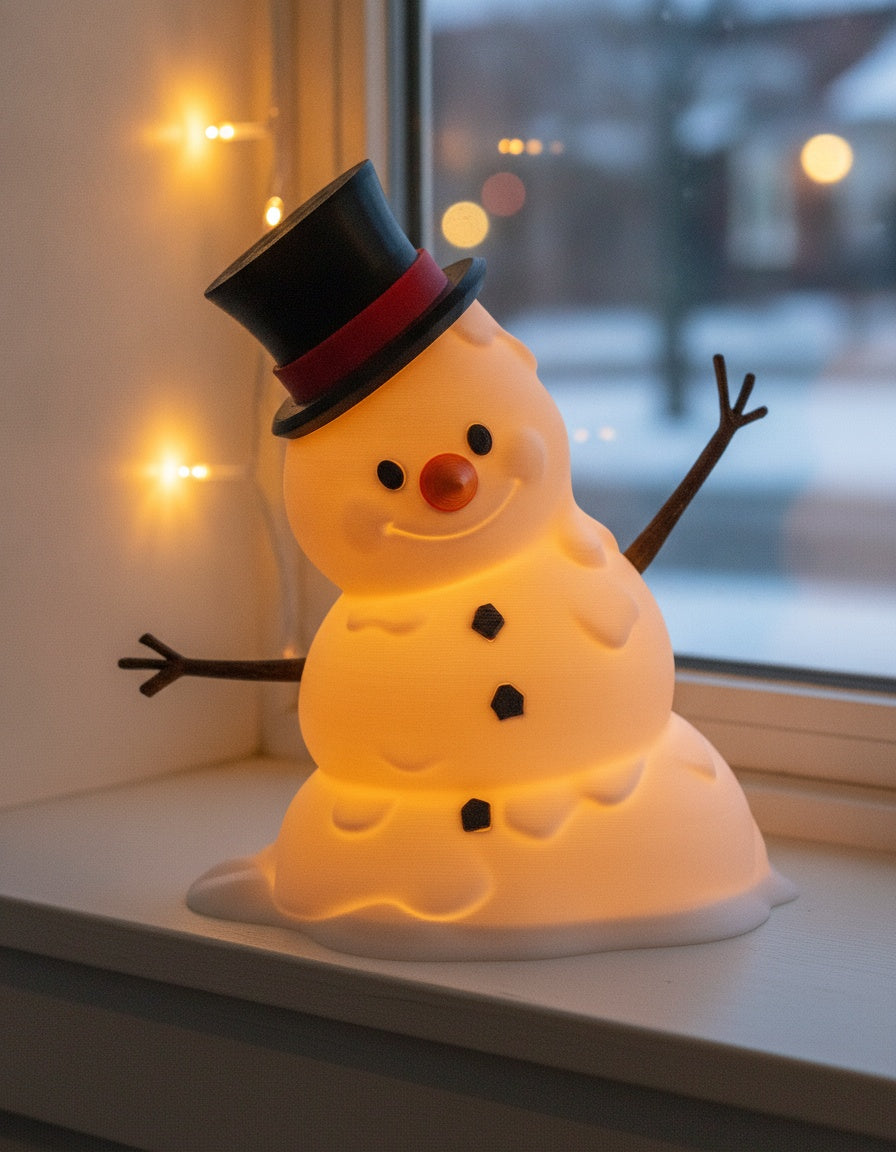 LED-Tischlampe Schneemann, Nahaufnahme von Zylinderhut und lächelndem Gesicht mit warmem Innenlicht, auf weißem Fensterbrett mit Lichterkette im Vordergrund