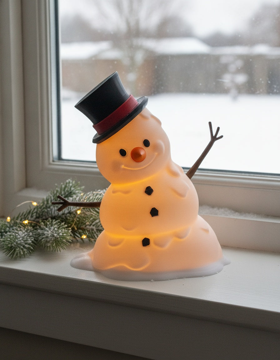 LED-Tischlampe Schneemann am Tag mit sanftem diffusem Winterlicht, auf weißem Fensterbrett mit Tannenzweig und Lichterkette, verschneiter Garten im Hintergrund