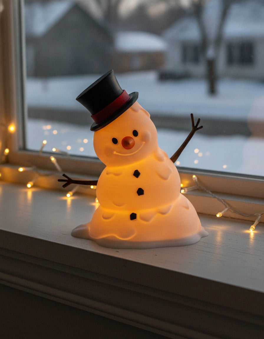 LED-Tischlampe Schneemann mit warmem Innenlicht, weiter Bildausschnitt mit mehr Fensterbrett und winterlicher Straße im Hintergrund, warme Lichterkette am Fensterrahmen