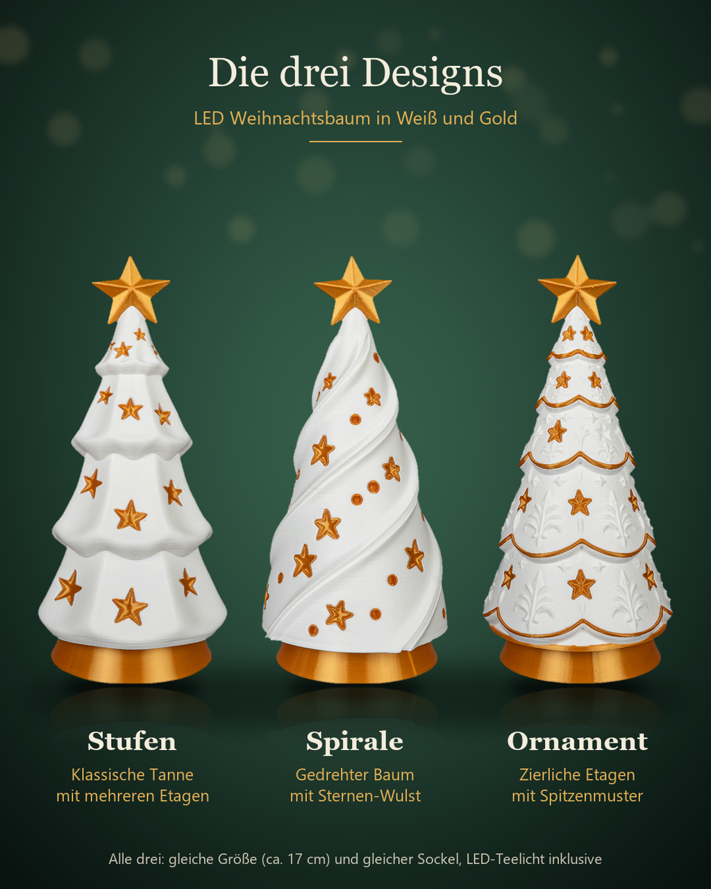 Übersicht der drei Designs des LED-Weihnachtsbaums: Stufen mit Etagen, Spirale mit Sternen-Wulst und Ornament mit Spitzenmuster, jeweils in Weiß und Gold mit goldenem Stern, auf dunkelgrünem Hintergrund beschriftet