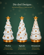Übersicht der drei Designs des LED-Weihnachtsbaums: Stufen mit Etagen, Spirale mit Sternen-Wulst und Ornament mit Spitzenmuster, jeweils in Weiß und Gold mit goldenem Stern, auf dunkelgrünem Hintergrund beschriftet