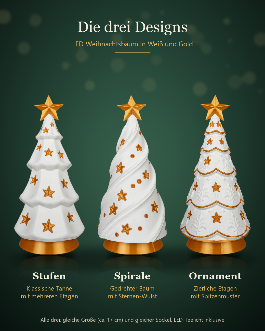 Übersicht der drei Designs des LED-Weihnachtsbaums: Stufen mit Etagen, Spirale mit Sternen-Wulst und Ornament mit Spitzenmuster, jeweils in Weiß und Gold mit goldenem Stern, auf dunkelgrünem Hintergrund beschriftet