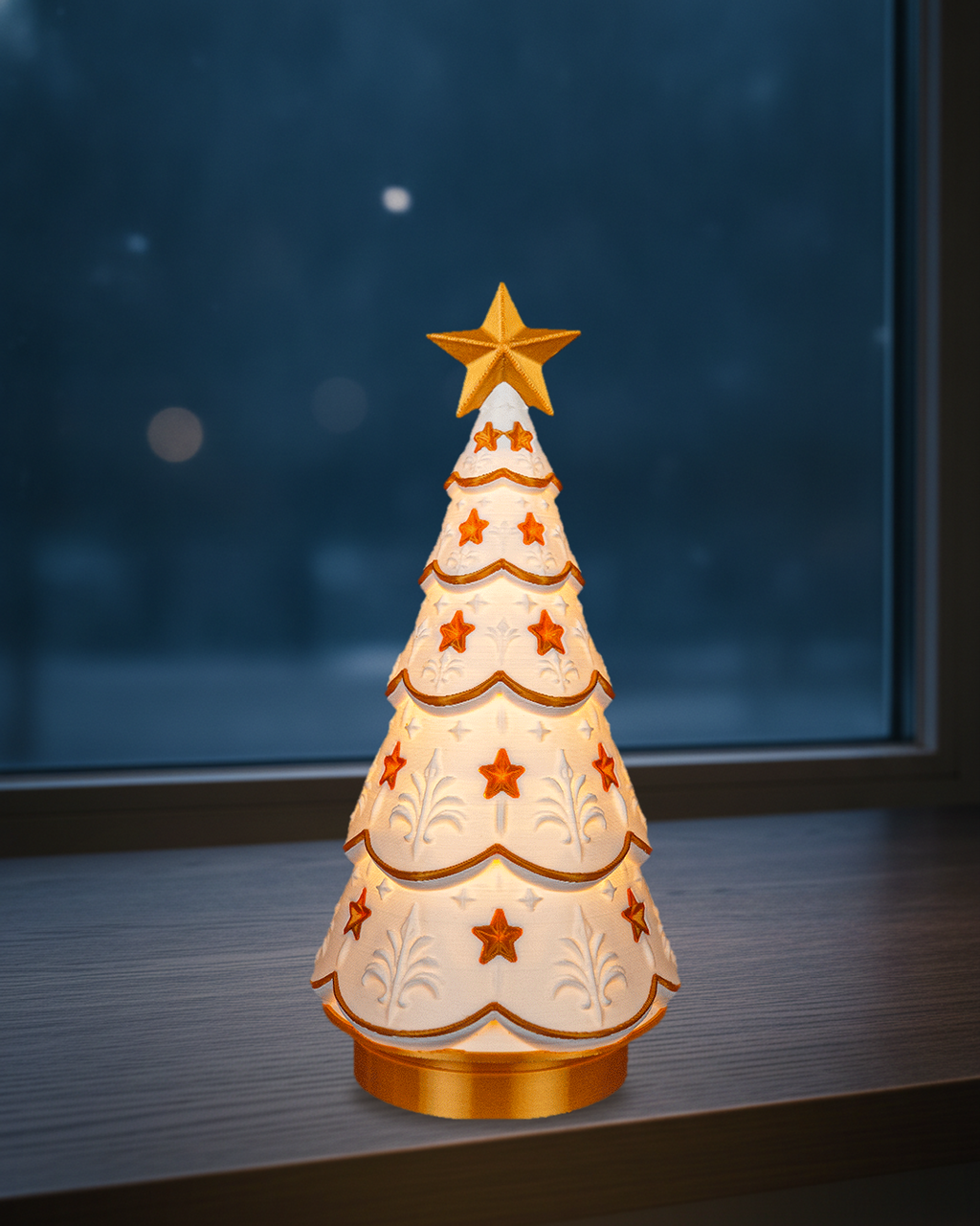 Leuchtender Weihnachtsbaum im Ornament-Design mit Spitzenmuster, goldenem Stern und goldenem Sockel, von innen warm beleuchtet, auf einer dunklen Fensterbank vor einem Fenster in der blauen Stunde