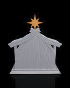 LED Weihnachtskrippe Bright Nativity, Frontalansicht mit Dach und goldenem Stern, Innenraum unbeleuchtet im Schatten – Münch3D