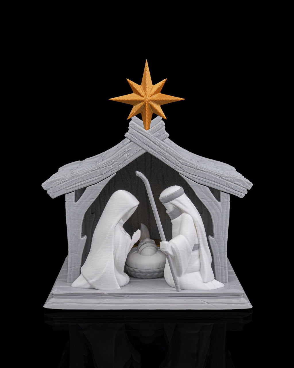 LED Weihnachtskrippe Bright Nativity, Frontalansicht mit dezent beleuchteter Krippenszene – Münch3D