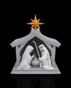 LED Weihnachtskrippe Bright Nativity, Frontalansicht mit dezent beleuchteter Krippenszene – Münch3D